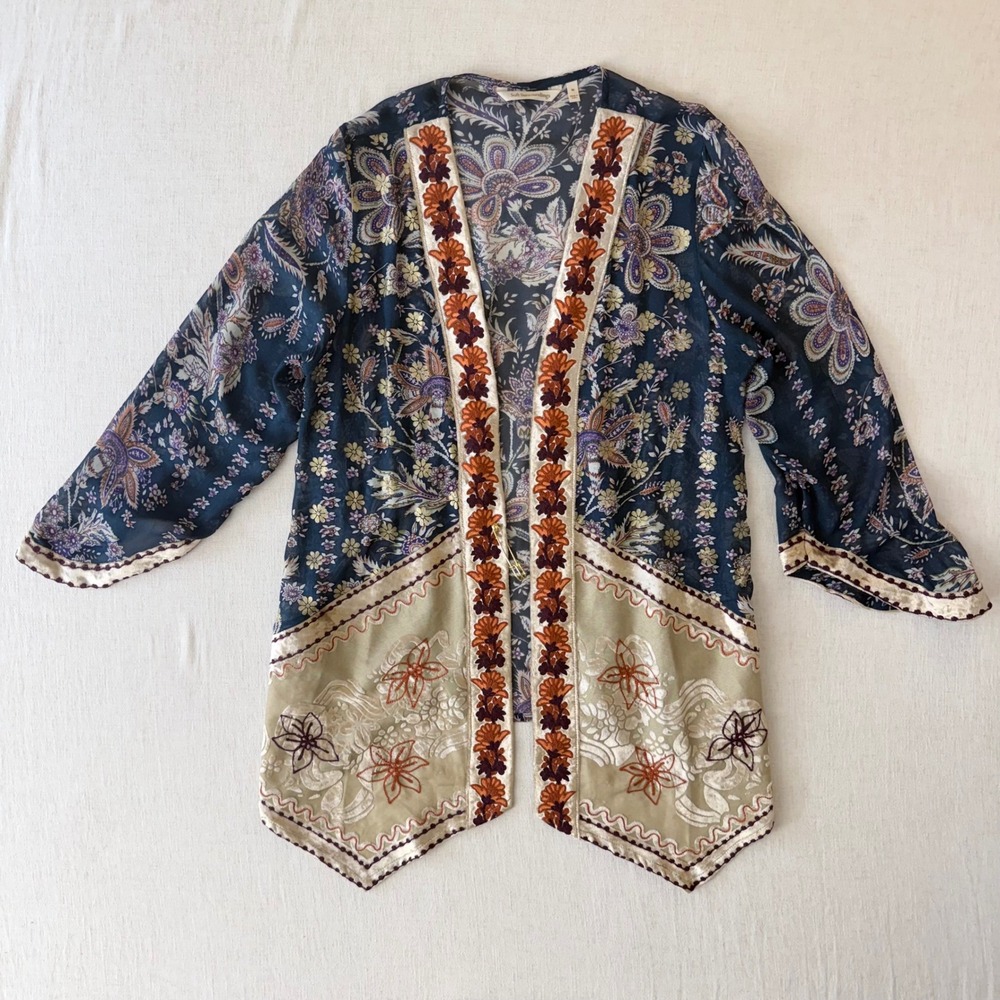 Soft Surroundings Kimono Wrap Womens Medium Blue Paisley Velvet Embroidered Boho